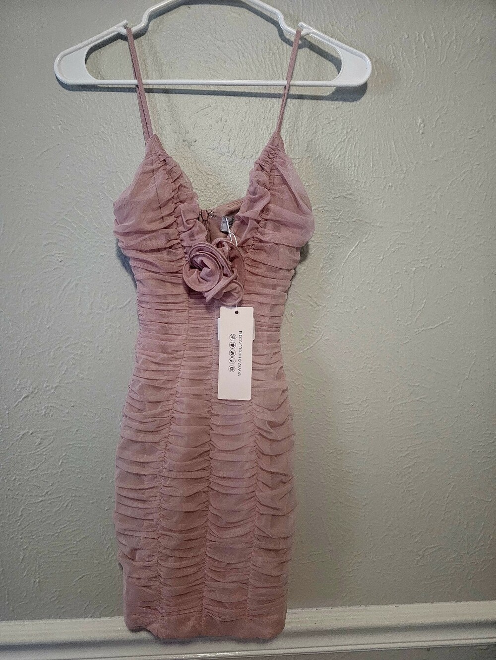 Oh Polly Rose Pink Ruched Mini Dress with Rosette